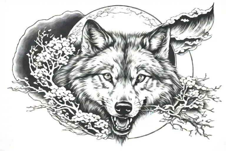 Japanese Wolf And Moon