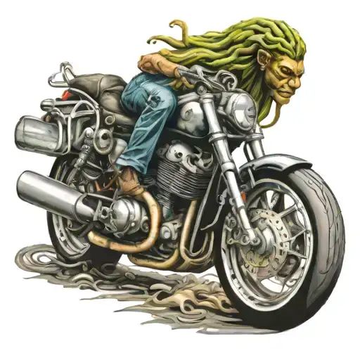 Medusa Riding Sport Motorcycle On A Brodge