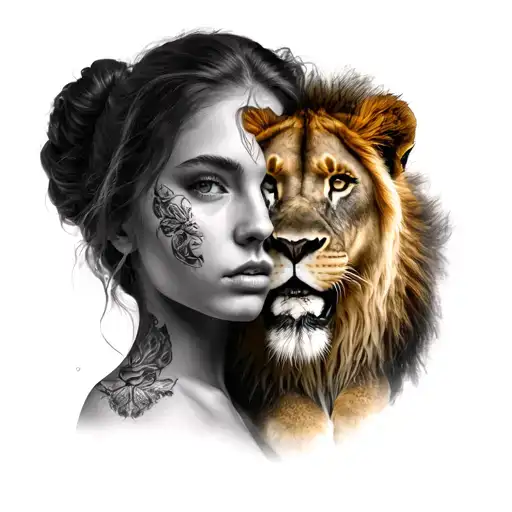 A Combination Of A Woman's Face With A Lioness And A Lion Cub