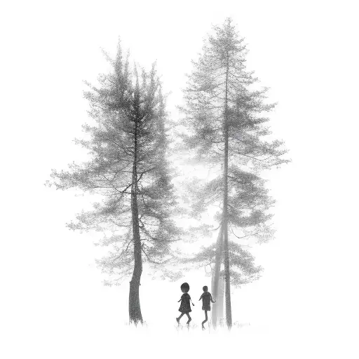 Silhouette Of Two Children Walking Through Pine Forest