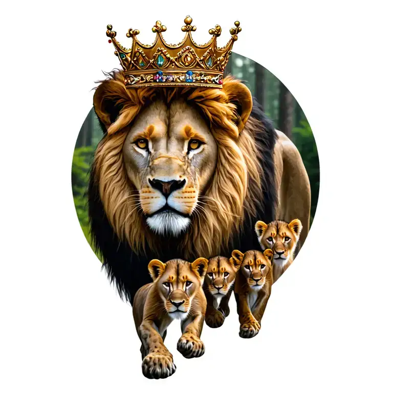 Lion Wearing Crown With Lioness And Two Cubs Walking In The Forest