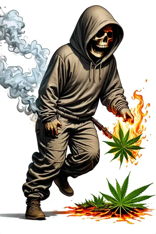 Skull With Hoodie And Baggpants Runs Smoking Weed Through Hell On Earth