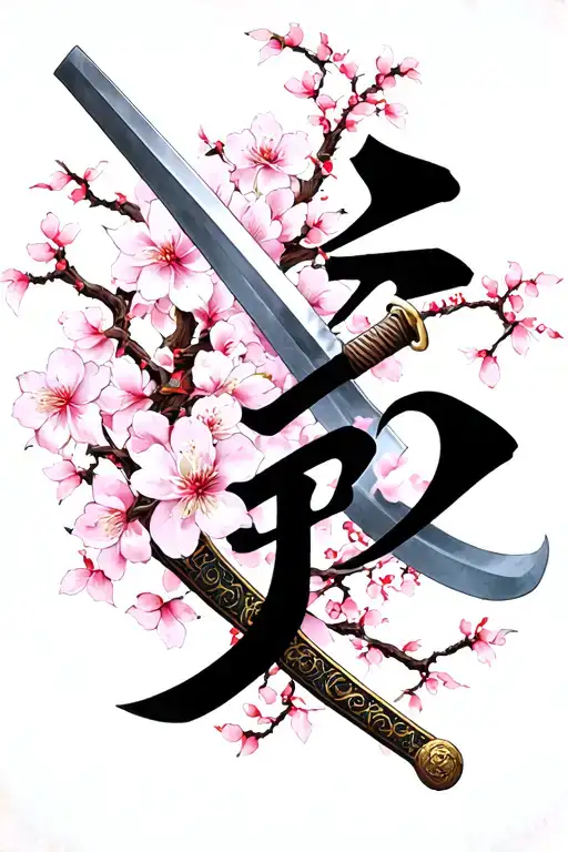 Kanji Characters With Katana Sword And Cherry Blossom
