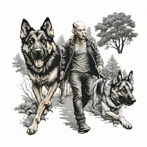 Man Walking Into Woods With Pitbull And German Shepherd On Outside Of Forearm