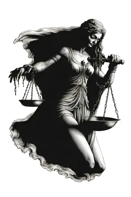 Lady Blind Justice Holding Scales Sitting Alone And Holing Her Sword On Her Knees