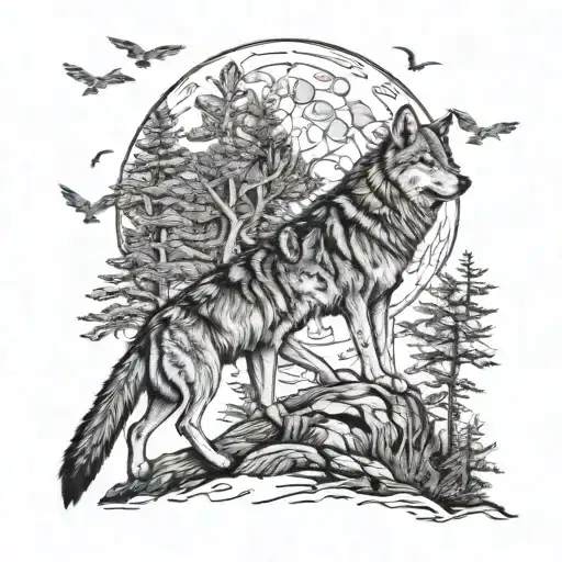 Wolf Pack In Forest Howling At Moon