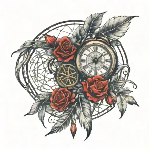 Dream Catcher With Clock Entangled With Red Roses With Intricate Design