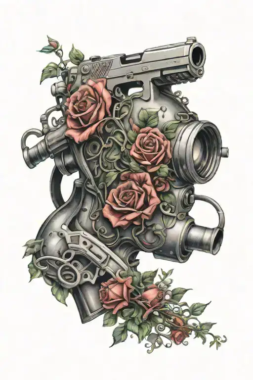 A Realistic Depiction Of A Gun Morphing Into A Diving Mask With Intricate Rose Vines