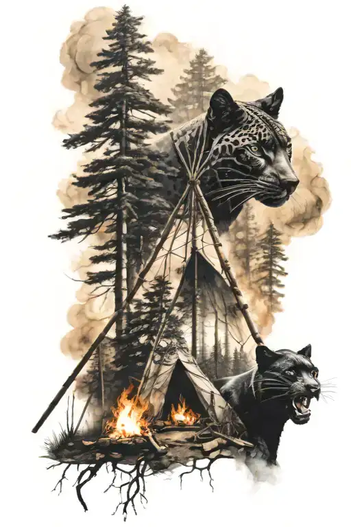 Tipi In A Forest With Fire And Black Panther Created From Fires Smoke