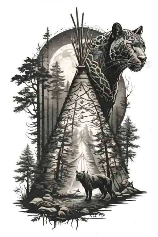 Tipi In A Forest At Night And Hunting Black Panther