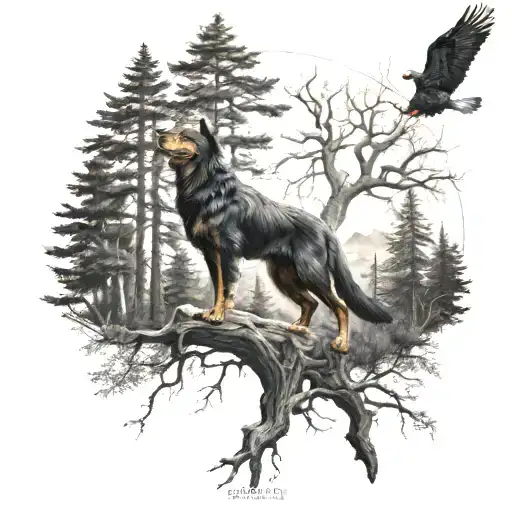 A Mystical Forest Scene With A Beauceron And Eagle Intertwined Among The Trees