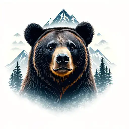 Black Bear Face Forward With Mountains Background