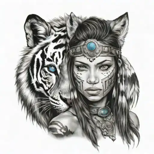 Native Women Woth Wolf Hood Tiger With Blue Eyes