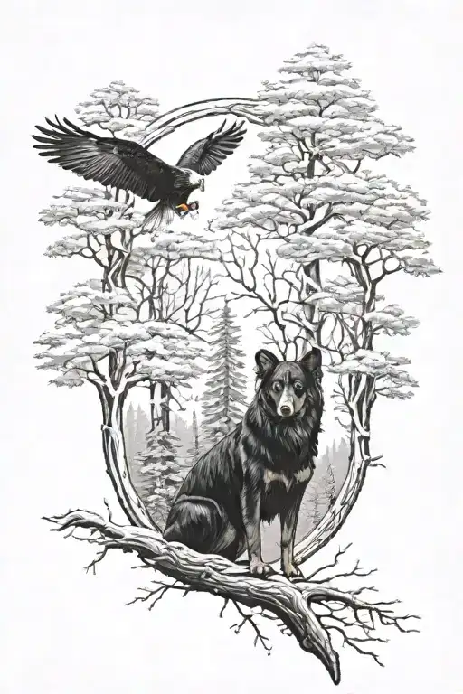 A Mystical Forest Scene With A Beauceron And Eagle Intertwined Among The Trees