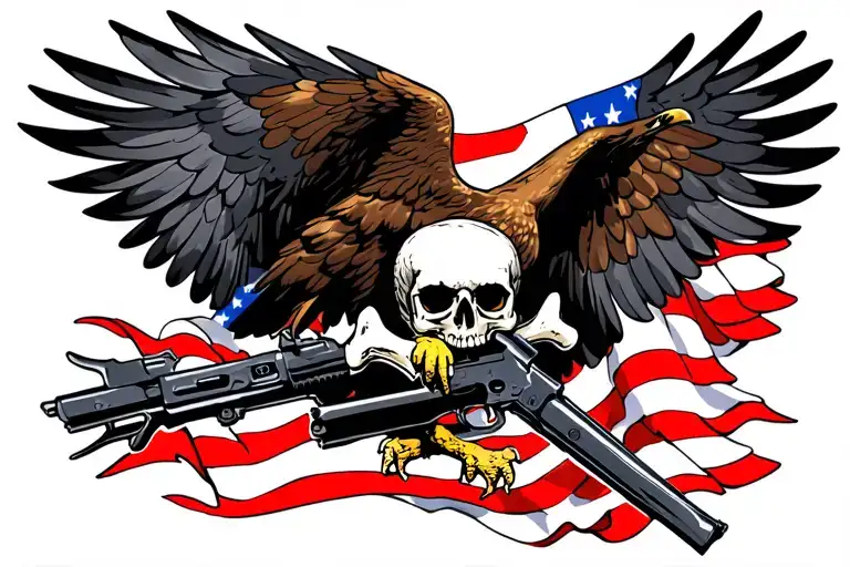 Eagle Flying With American Flag As Wings Feet Holding Skull And Al-47 As Cross Bones