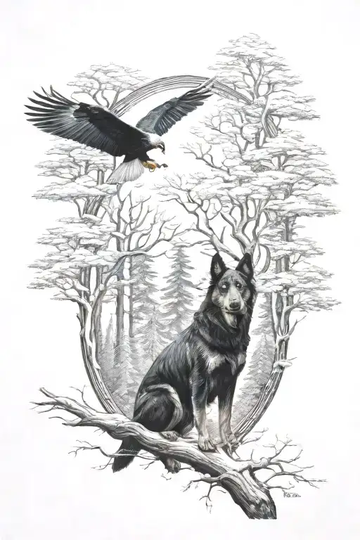 A Mystical Forest Scene With A Beauceron And Eagle Intertwined Among The Trees