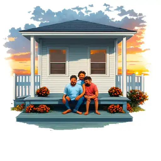 Father And Son Sitting On The Back Porch With The Sunset In The Background