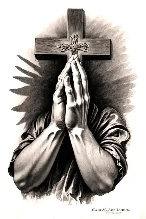 Praying Hands With Cross And Shadows In The Background