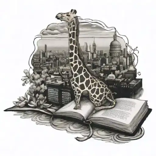 A Tattoo Design Featuring A Giraffe Reading A Book With A London Skyline In The Background