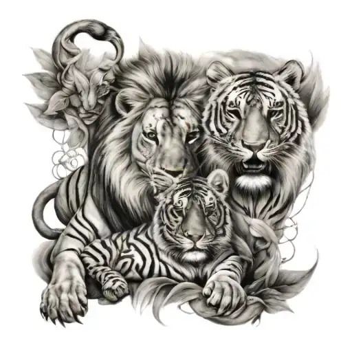 Lion And Tiger Surrounded