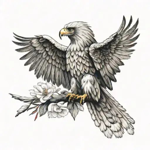 Full Philippine Eagle Holding Two Flowers In Its Talons While Wings Are Spread