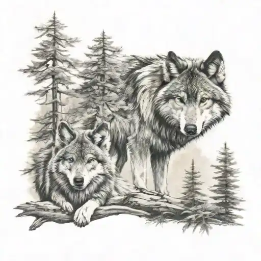 Parent Wolf Over A Forrest And Baby Wolf
