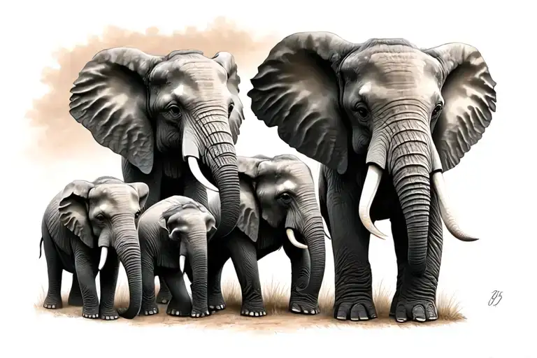 Elephant Mom And Three Elephant Babies