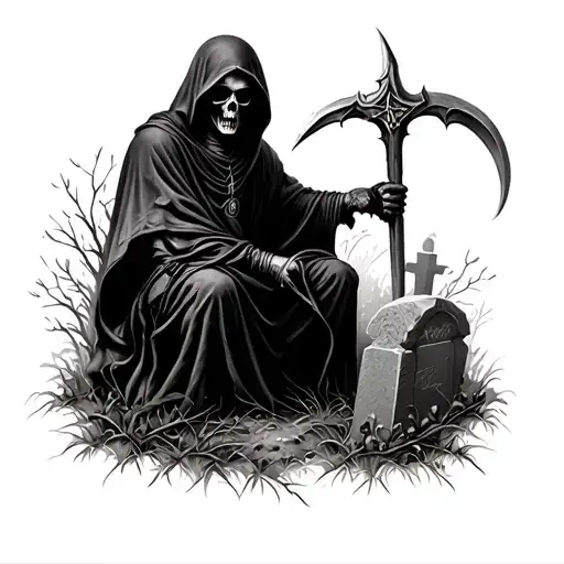 Grim Reaper Holding A Sythe In A Grave Yard