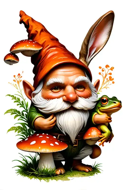 Gnome With Mushrooms With A Rabbit And Frog
