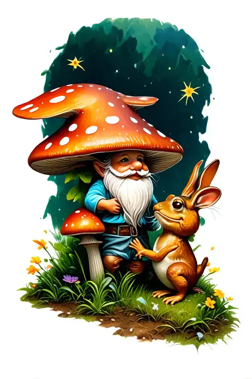 Gnome In Mushroom Garden With A Rabbit And Frog Playing