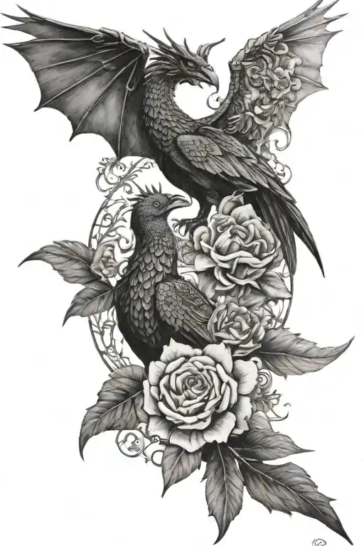 Dragon And Crow With Floral Patterns