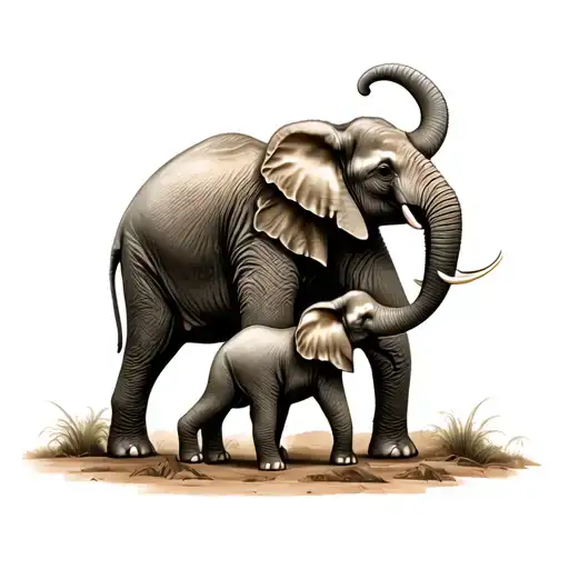 Elephant With Its Baby Elephant Standing By Its Legs
