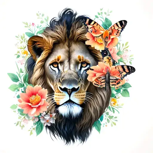 Moth And Female Lion And Flowers Surrounding