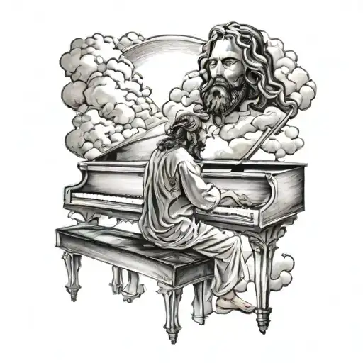 A Detailed Portrait Of Jesus Playing A Grand Piano Surrounded By Heavenly Clouds