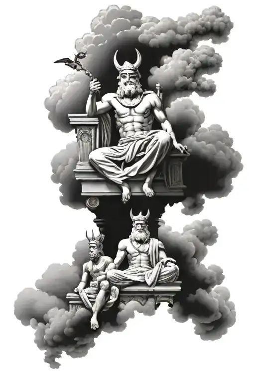 Gods Sitting Together In Olympus Temple With Clouds And Thunder In The Background