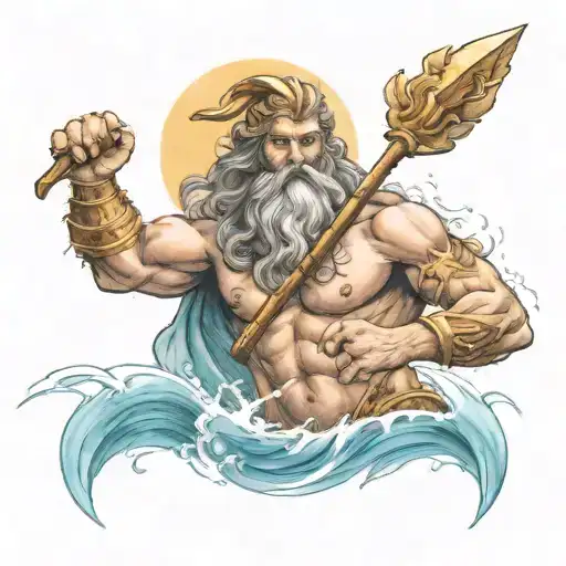 Tattoo Of Poseidon Coming Out Of The Water Brandishing A Trident With His Right Hand