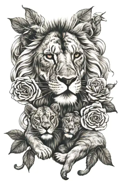 Lion Playing With Cubs Intertwined With Roses