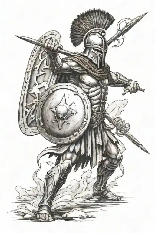 Spartan On His Side Wit His Spear In His Left Hand And His Shield In His Rigt Hand
