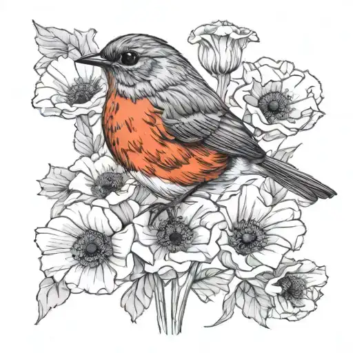 A Robin On Poppy Flower