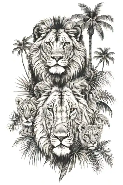 Lion With 3 Cubs Palm Trees