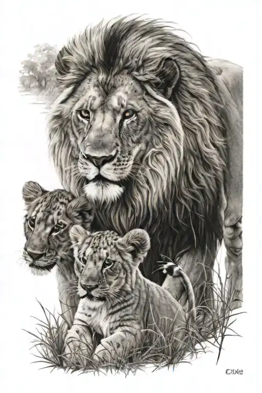 Lion With 3 Cubs Playing In A Field