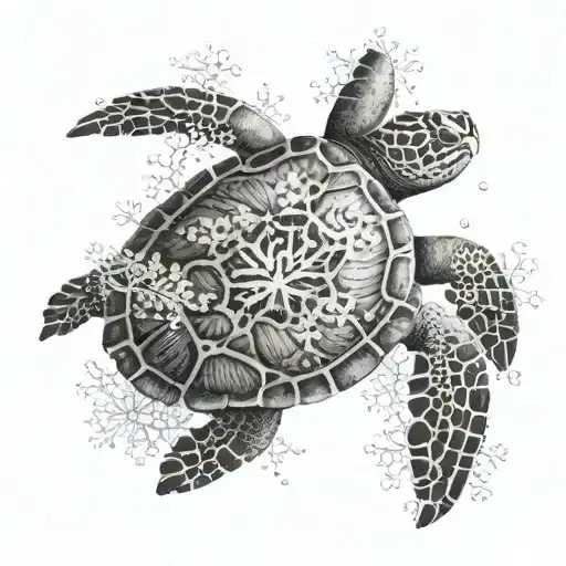 A Sea Turtle Gracefully Swimming Through A Field Of Intricate Snowflakes
