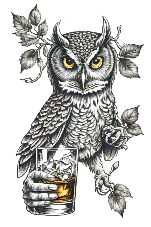 Owl Holding A Glass Of Bourbon Glass