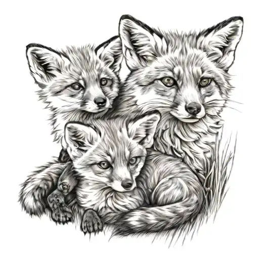 A Mother Fox With Her Playful Fox Cubs