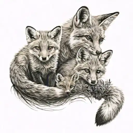 A Heartwarming Scene Of A Fox Mother And Her Fox Kits