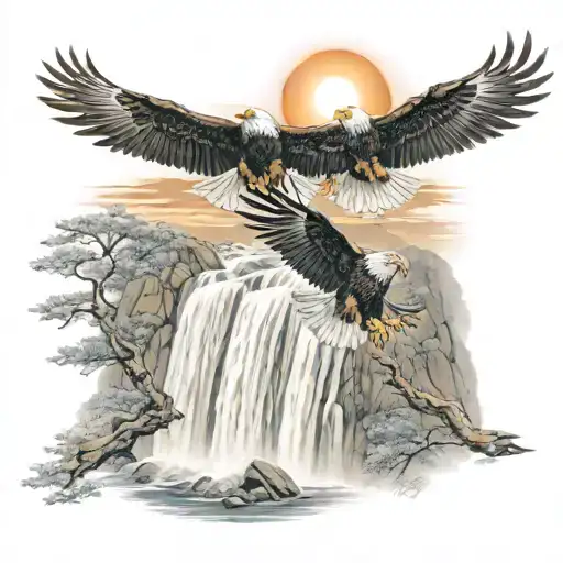 Two Majestic Eagles Soaring Over A Waterfall And The Sun