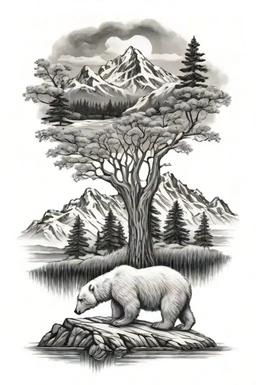 Polar Bear With Mountains Filled With Trees