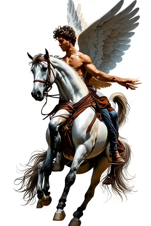 Winged Male Angel On Horse Climbs Into The Sky