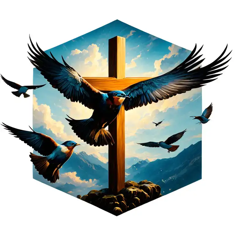 Cross With Birds Flying Away