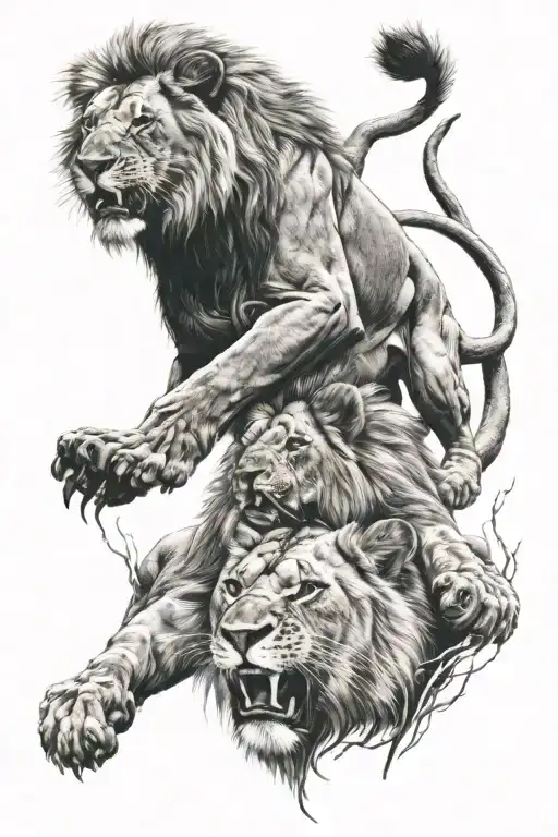 Lion Roaring With Lioness Protecting Her Cubs